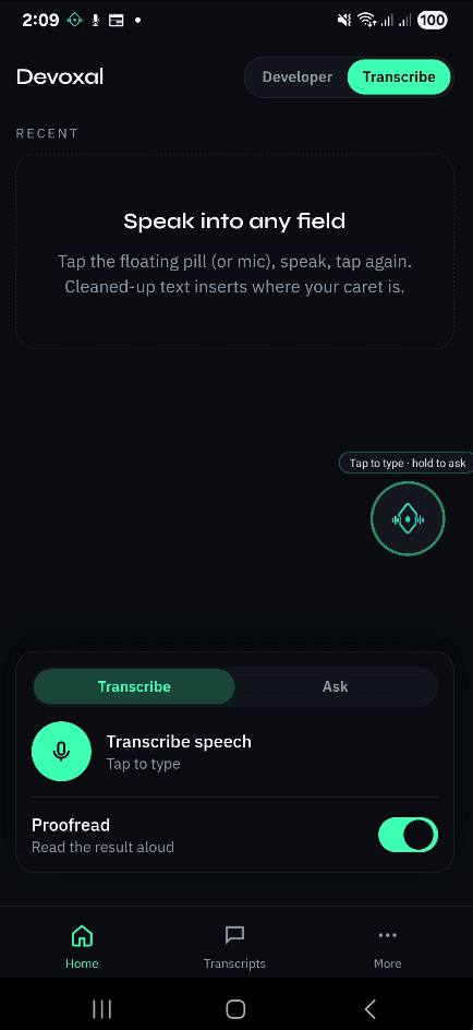 Devoxal Transcribe home with mic shelf and proofread toggle