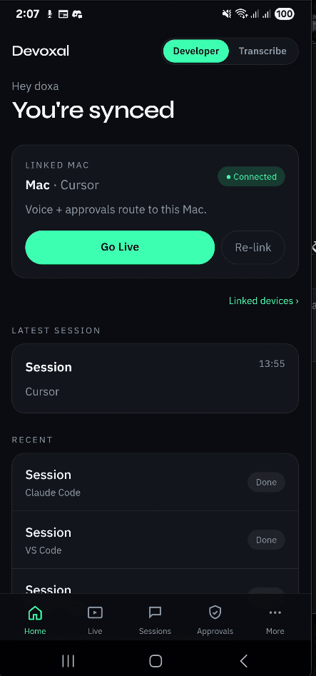 Devoxal header toggle between Developer and Transcribe modes