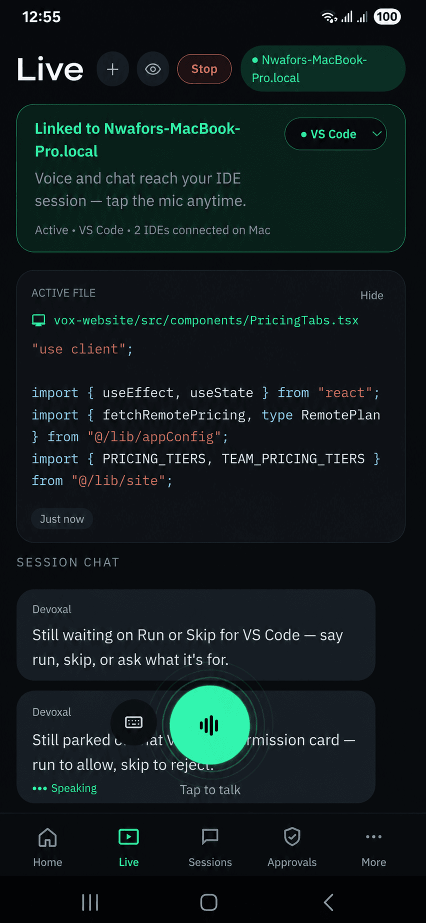 Devoxal Live on phone — linked to Mac, Cursor active, tap to talk